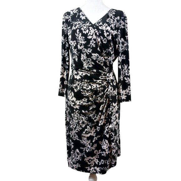 Chaps, Black & White Print Dress, Size XL, Flattering Ruching Detail, Stretch - Picture 1 of 12